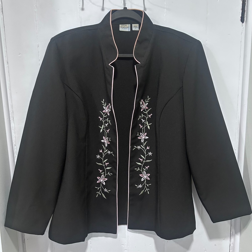 Adrian Delafield Haband Black Floral Embroidered Open Front Blazer Jacket LP